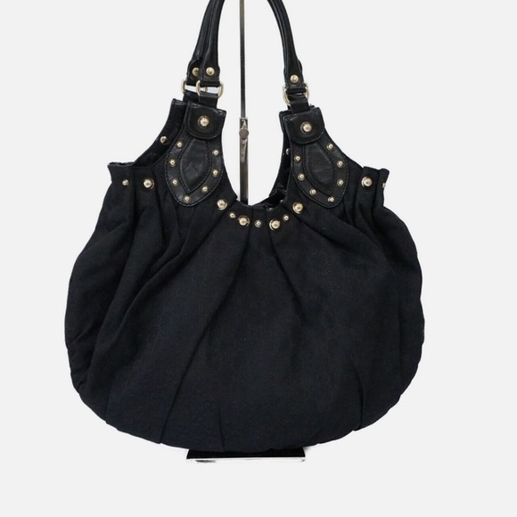 Authentic GUCCI Shoulder Bag GG Canvas and Leather Pelham Studded Hobo Black - Picture 6 of 6